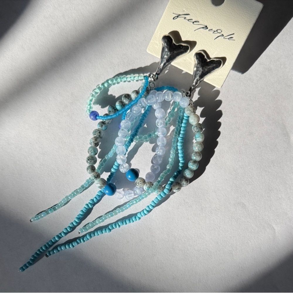 Free People Reese Bead & silver heart Earrings  Turqoise Beach- Romance BoHo Big